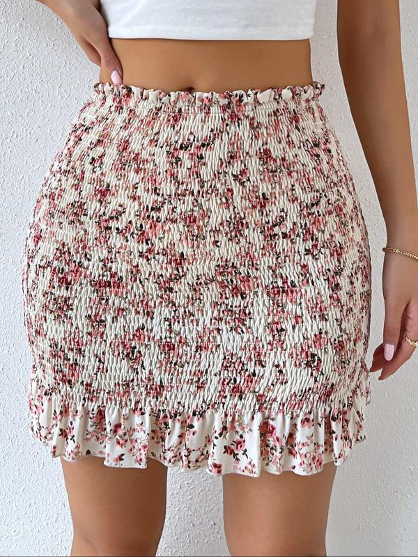 Women's Floral Print Ruffle Hem Shirred Bodycon Skirt, Fashion Casual High Waist Mini Skirt for Daily Holiday Vacation Wear, Women Bottoms for Summer