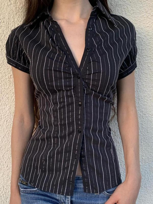 Women's Striped Print Button Front Shirt, Casual Puff Sleeve Short Sleeve Top for Summer, Ladies Clothes for Daily Wear, 90s Clothes