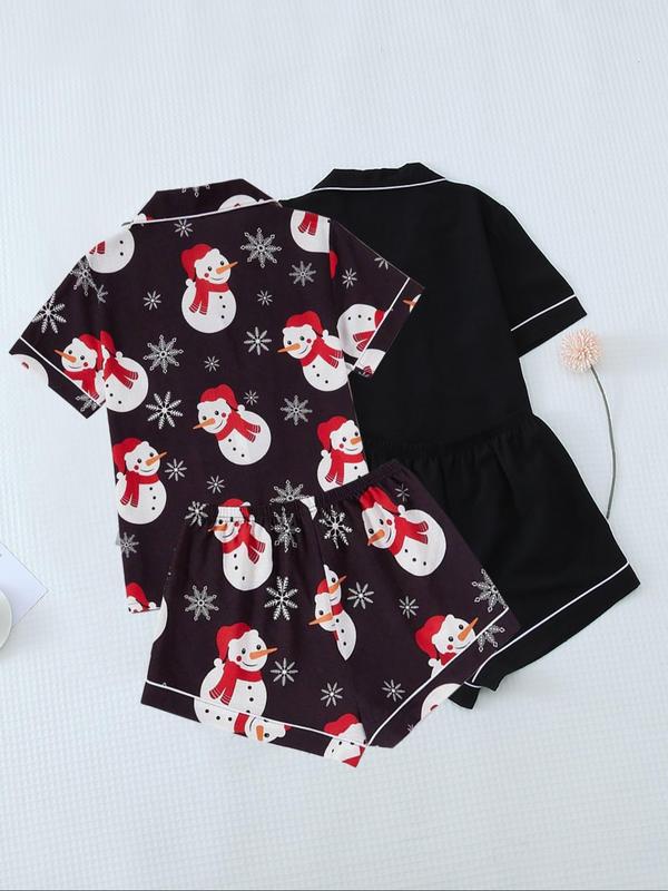 Women's Christmas Themed Pajama Set, Cute Heart  all Over Print Short Sleeve Lapel Neck Pocket Shirt & Elastic Waist Shorts Pj Set, Stylish Loungewear Women, Women's Sleepwear for All Seasons