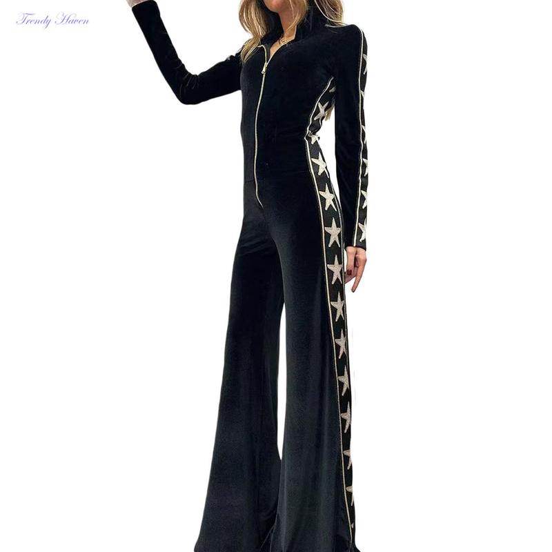 Women's Full-Length Velvet Jumpsuit, Star Print Long Sleeve Front Zipper Closure Playsuit Clubwear Womenswear Overalls