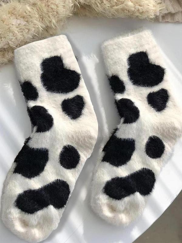 Women's Cute Cow Print Fuzzy Socks, Warm Crew Socks for Daily Wear, Casual Comfy Socks for Fall & Winter, Summer Wear 2024, Trendy Matching Knitting Socks, Fluffy Pajamas Womenswear