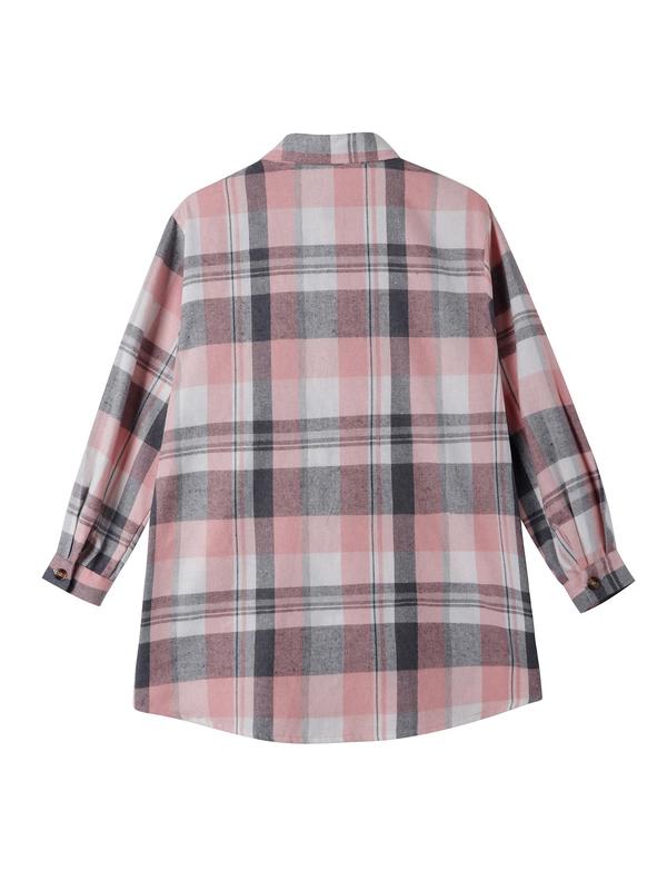  Plaid Print Button Front Collared Shirt, Comfort Long Sleeve Pocket Top, Fall Clothing, Clothes for Women, Lady's Fitted Clothes, Womenswear