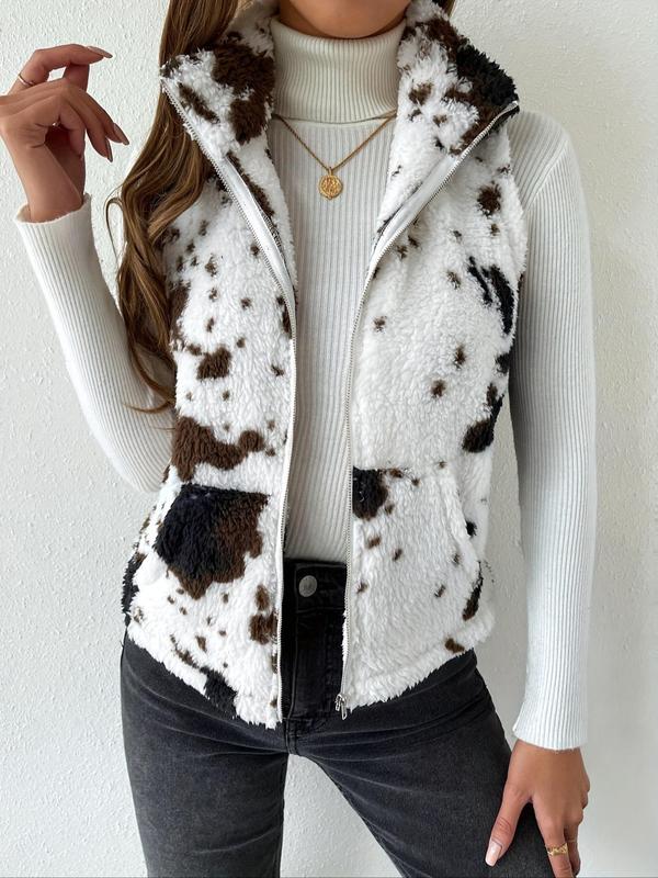 Women's Cow Print Pocket Zip Up Fuzzy Vest Jacket, Casual Fashionable Stand Collar Sleeveless Outerwear for Daily Outdoor Wear, Ladies Clothes for Spring & Fall