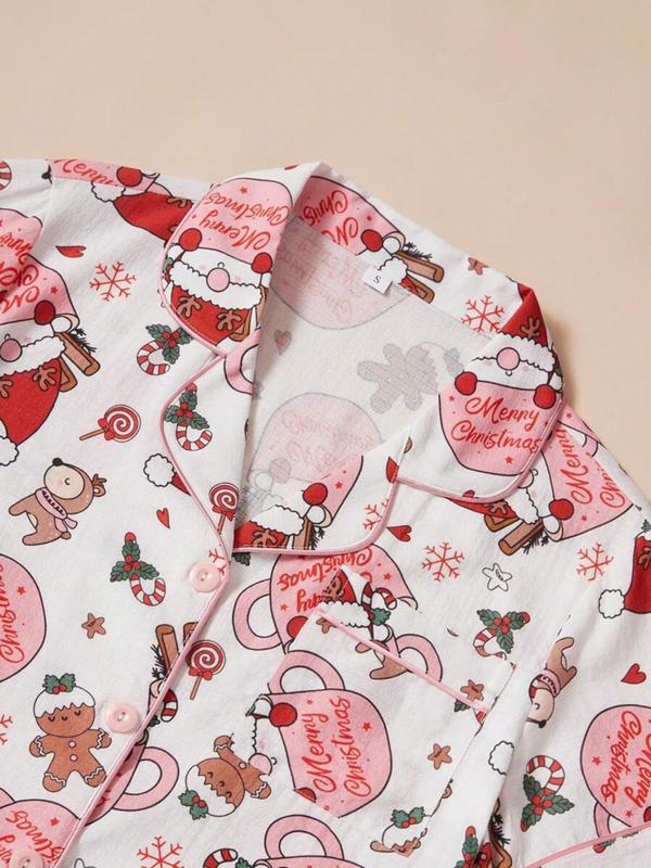 Women's Christmas Themed Pajama Set, Cute Heart  all Over Print Short Sleeve Lapel Neck Pocket Shirt & Elastic Waist Shorts Pj Set, Stylish Loungewear Women, Women's Sleepwear for All Seasons