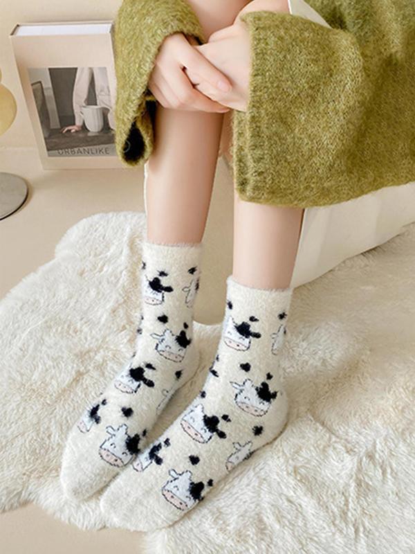 Women's Cute Cow Print Fuzzy Socks, Warm Crew Socks for Daily Wear, Casual Comfy Socks for Fall & Winter, Summer Wear 2024, Trendy Matching Knitting Socks, Fluffy Pajamas Womenswear