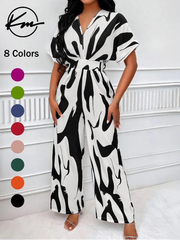 Women's All Over Print Shirred Jumpsuit, Elegant Batwing Sleeve Wide Leg Jumpsuit, Fashion Women's Clothes for Daily Wear