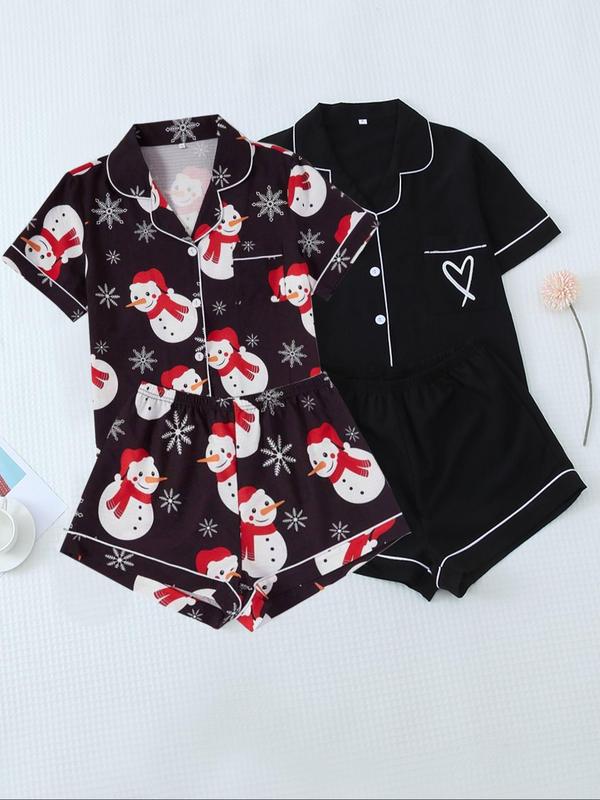 Women's Christmas Themed Pajama Set, Cute Heart  all Over Print Short Sleeve Lapel Neck Pocket Shirt & Elastic Waist Shorts Pj Set, Stylish Loungewear Women, Women's Sleepwear for All Seasons