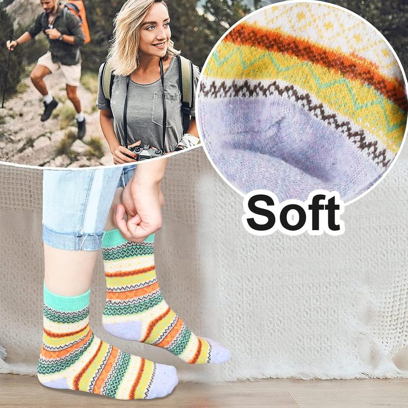 Wool Socks for Women, 5 Pairs Winter Warm Thick Crew Knit Socks Vintage Cozy Soft Cute Nordic Cabin Gifts