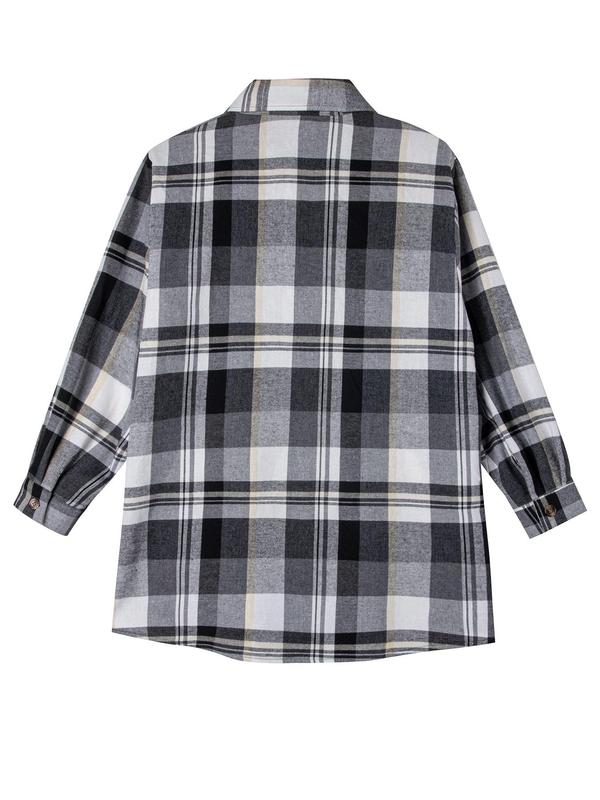  Plaid Print Button Front Collared Shirt, Comfort Long Sleeve Pocket Top, Fall Clothing, Clothes for Women, Lady's Fitted Clothes, Womenswear