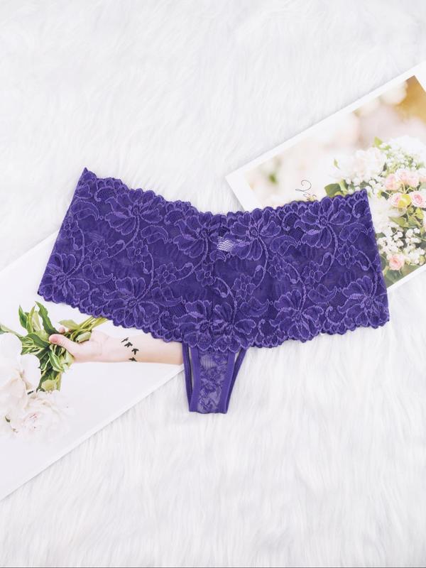  Floral Lace Semi-Sheer Panty, Soft Comfy Breathable Knicker for Daily Wear, Women's Underwear for All Seasons