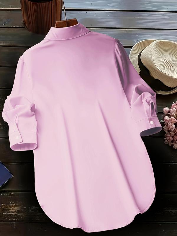 Women's Plain Button Front Split Side Shirt, Casual Long Sleeve Collared Top for Fall, Ladies Clothes for Daily Wear, Fall Outfits, Fallfreshness, Hourglass Body in Baggy Clothes