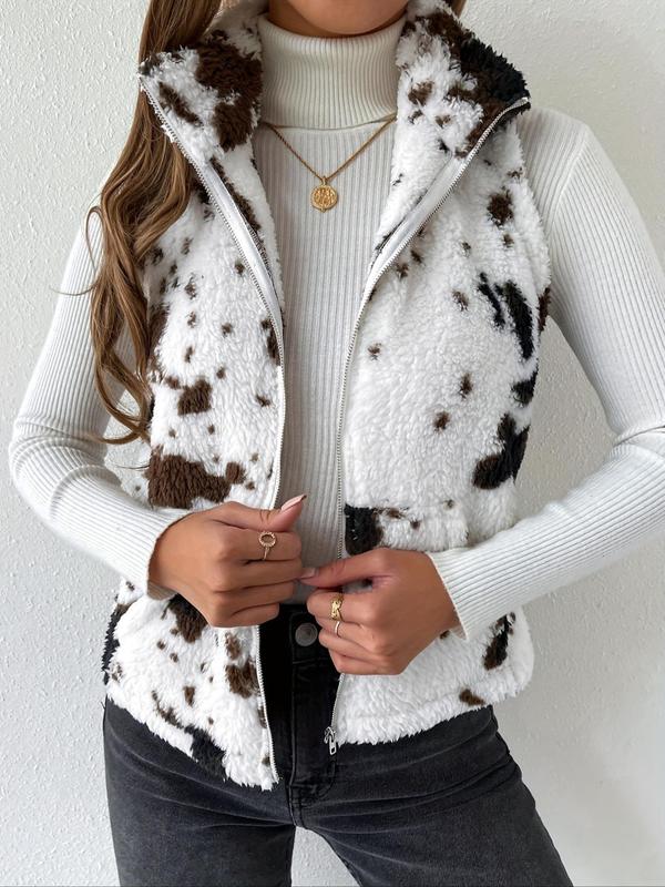 Women's Cow Print Pocket Zip Up Fuzzy Vest Jacket, Casual Fashionable Stand Collar Sleeveless Outerwear for Daily Outdoor Wear, Ladies Clothes for Spring & Fall