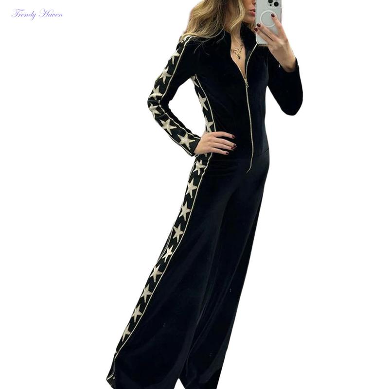 Women's Full-Length Velvet Jumpsuit, Star Print Long Sleeve Front Zipper Closure Playsuit Clubwear Womenswear Overalls