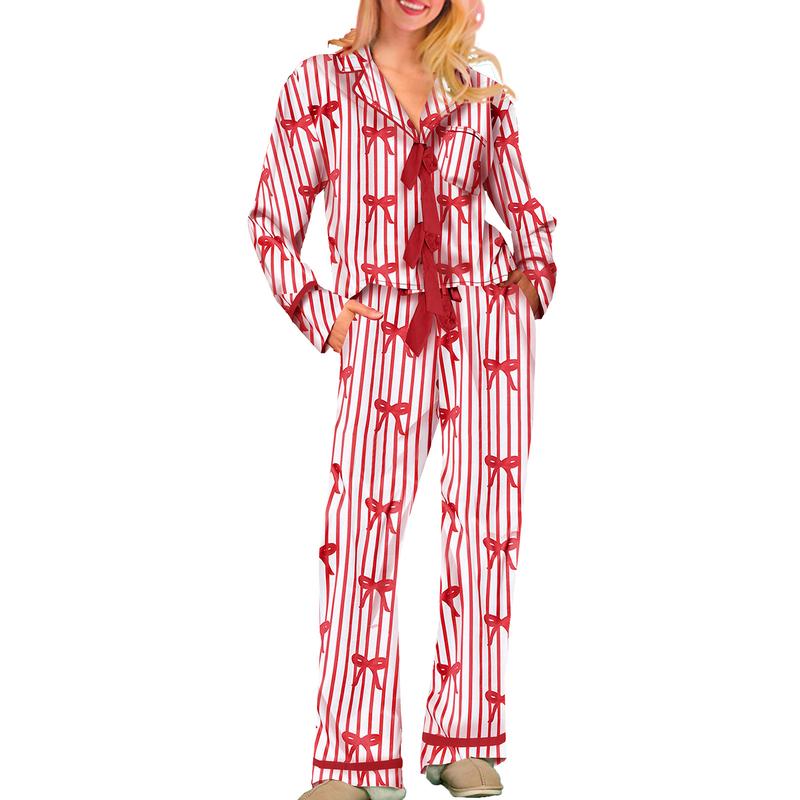 Mommy Matching Pajamas Bow Heart Print Tie Front Long Sleeve Tops and Long Pants Set Family Matching Sleepwear