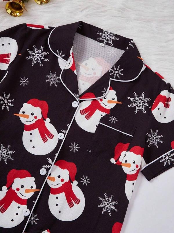 Women's Christmas Themed Pajama Set, Cute Heart  all Over Print Short Sleeve Lapel Neck Pocket Shirt & Elastic Waist Shorts Pj Set, Stylish Loungewear Women, Women's Sleepwear for All Seasons