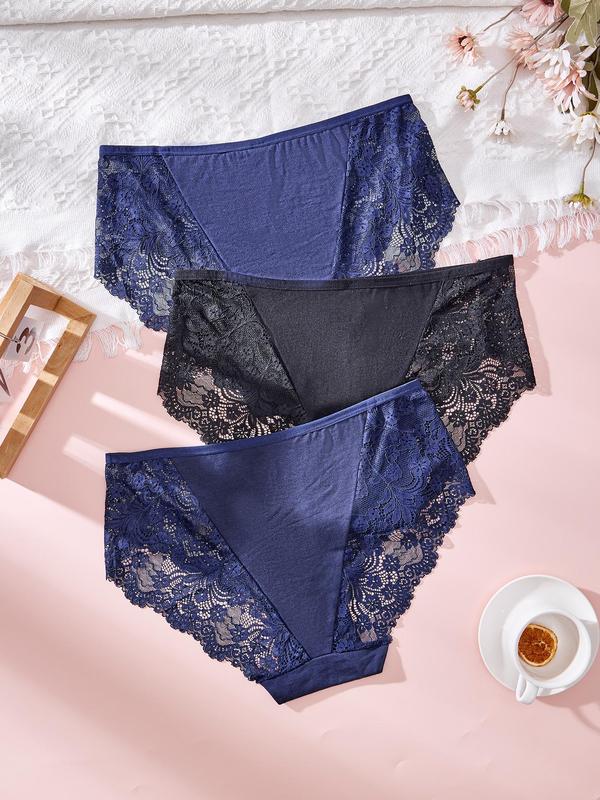 Plus Size Contrast Lace Knicker, Women's Elegant Comfy Breathable Panty Set, Fashion Ladies' Underwear for All Seasons