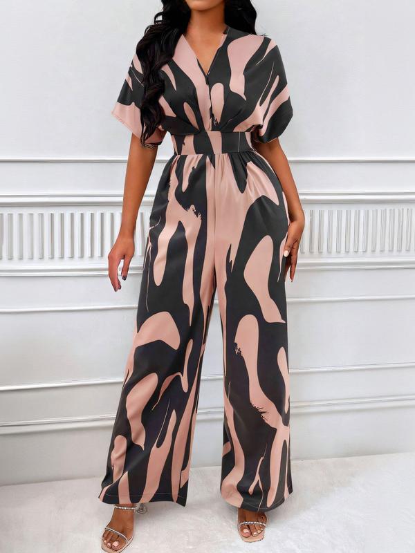 Women's All Over Print Shirred Jumpsuit, Elegant Batwing Sleeve Wide Leg Jumpsuit, Fashion Women's Clothes for Daily Wear