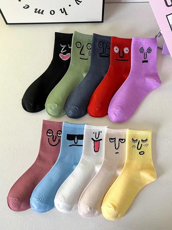 Women's 10 Pairs Cartoon Face Print Crew Socks, Cute Creative Comfortable Breathable Mid-calf Socks for Daily Wear, Women Socks for All Seasons