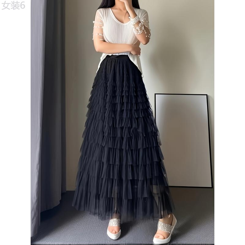 Multilayer Ruffles Tulle Skirt, Casual Fluffy Skirt For Spring & Summer, Women's Clothing Fabric Womenswear