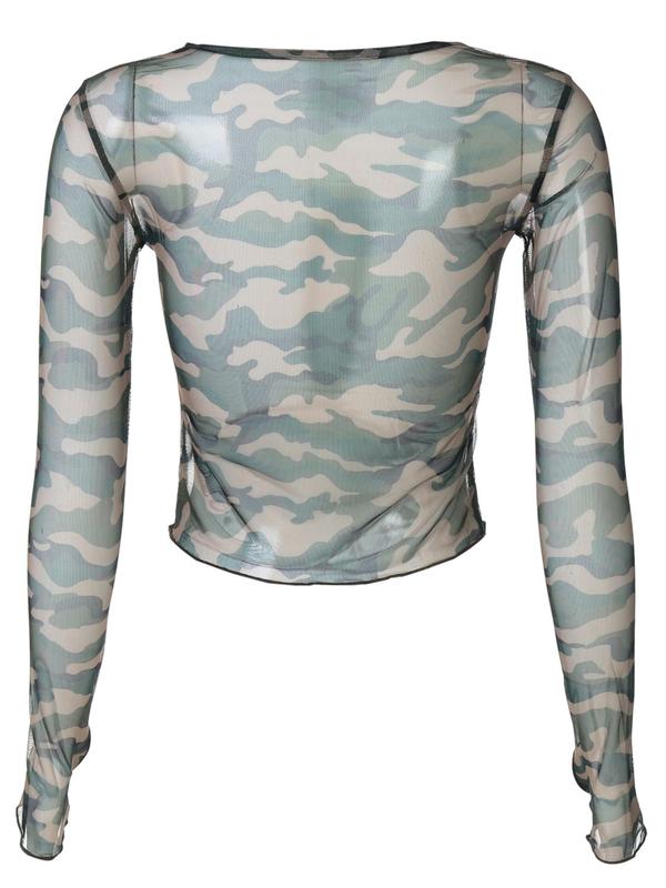 Women's Camo Print Sheer Tulle Tee, Casual Long Sleeve Round Neck T-shirt for Spring & Fall, Women's Top for Daily Wear