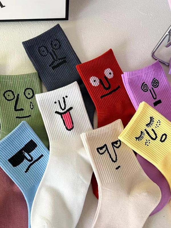 Women's 10 Pairs Cartoon Face Print Crew Socks, Cute Creative Comfortable Breathable Mid-calf Socks for Daily Wear, Women Socks for All Seasons