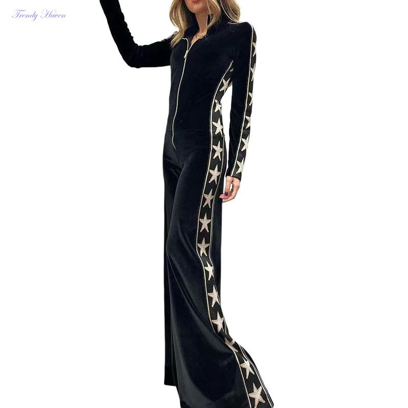 Women's Full-Length Velvet Jumpsuit, Star Print Long Sleeve Front Zipper Closure Playsuit Clubwear Womenswear Overalls