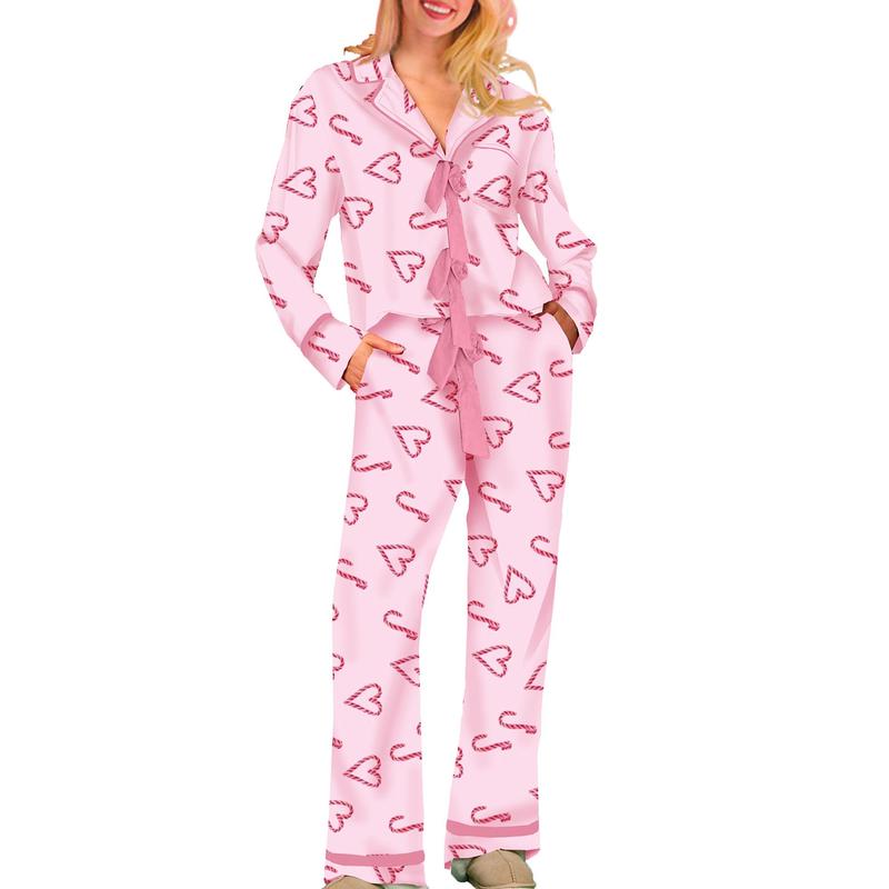 Mommy Matching Pajamas Bow Heart Print Tie Front Long Sleeve Tops and Long Pants Set Family Matching Sleepwear