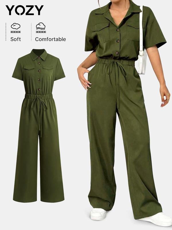 YOZY Women's Plain Tie Front Button Front Wide Leg Jumpsuit, Casual Short Sleeve Collared Pocket Jumpsuit for Summer, Ladies Clothes for Daily Wear