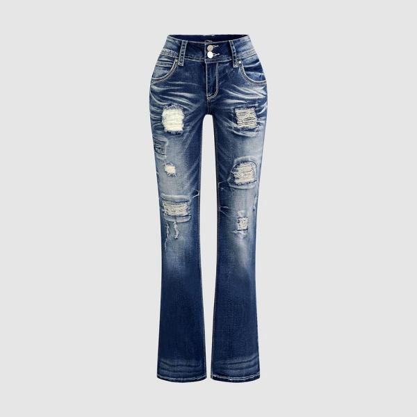 Ripped Contrast Stitch Mid Rise Bootcut Jeans