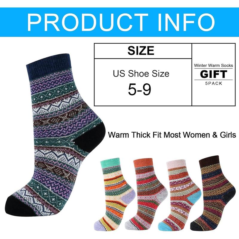 Wool Socks for Women, 5 Pairs Winter Warm Thick Crew Knit Socks Vintage Cozy Soft Cute Nordic Cabin Gifts