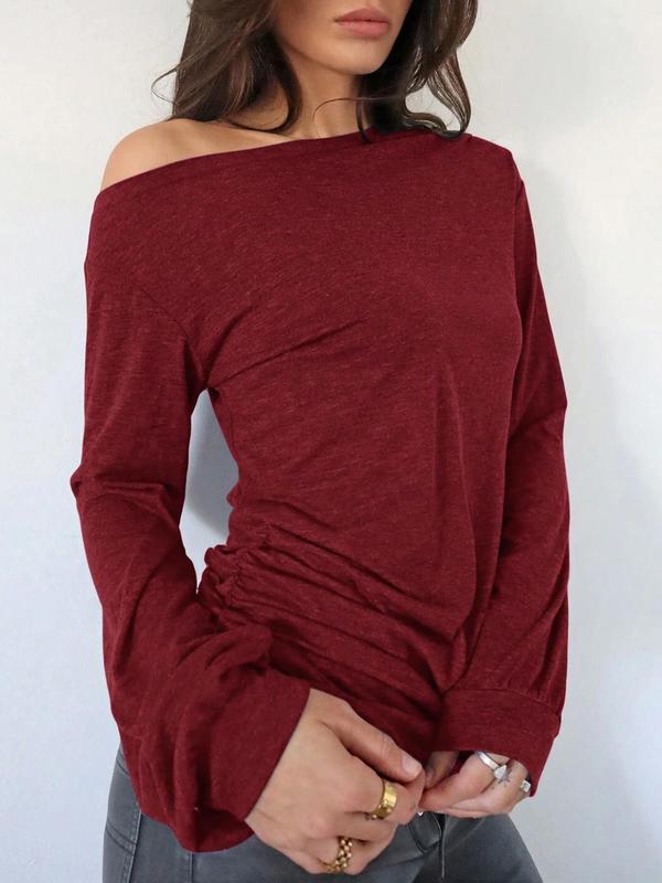 Women's Plain Ruched Asymmetrical Neck Tee, Casual Long Sleeve T-shirt for Spring & Fall, Women's Top for Daily Wear