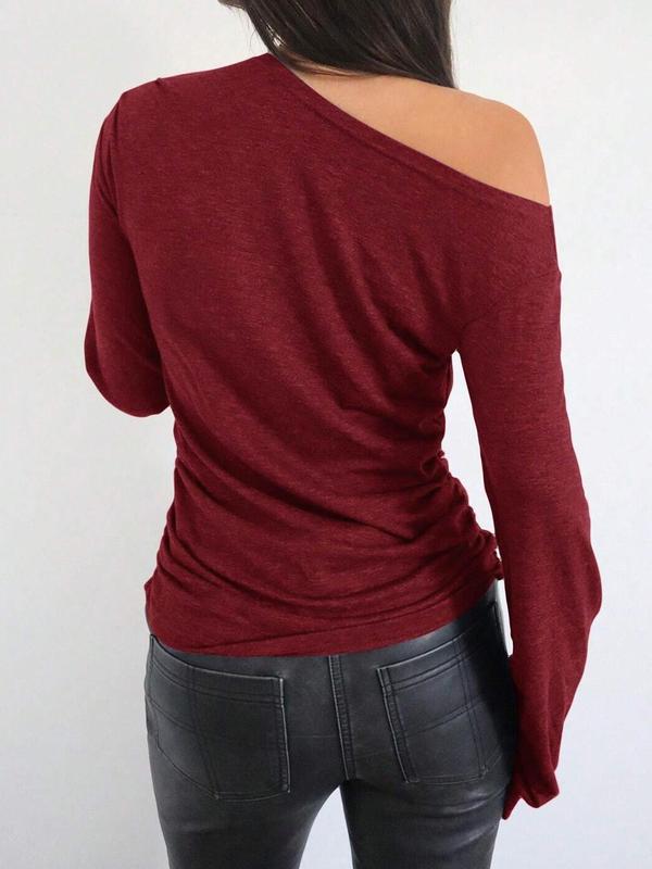 Women's Plain Ruched Asymmetrical Neck Tee, Casual Long Sleeve T-shirt for Spring & Fall, Women's Top for Daily Wear