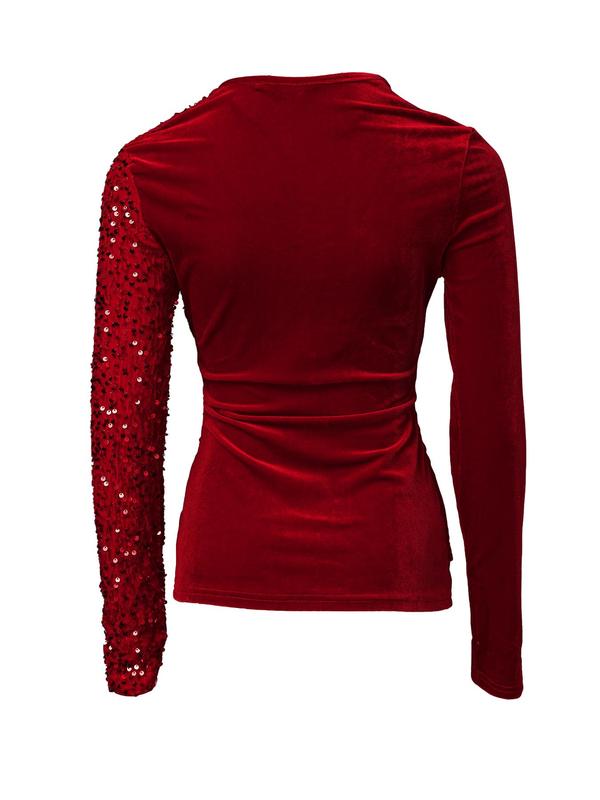 Women's Contrast Sequin Ruched Wrap Deep V Neck Tee, Casual Long Sleeve T-shirt for Fall & Winter, Women's Clothing for Daily Wear