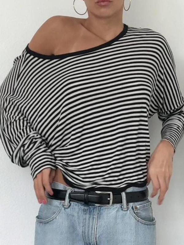 Women's Striped Print Twist Backless Batwing Sleeve Tee, Casual Boat Neck Long Sleeve T-Shirt for Daily Wear, Ladies Clothes for All Seasons