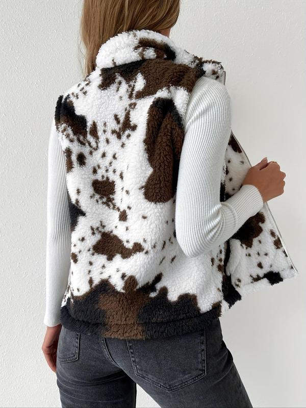 Women's Cow Print Pocket Zip Up Fuzzy Vest Jacket, Casual Fashionable Stand Collar Sleeveless Outerwear for Daily Outdoor Wear, Ladies Clothes for Spring & Fall