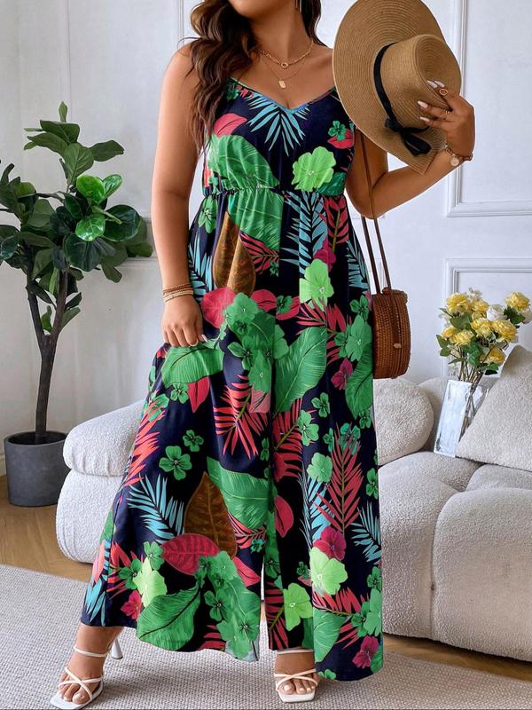  Plants Print Backless Cami Jumpsuit, Elegant Sleeveless Wide Leg Jumpsuit for Summer, Women's Plus Clothing for Daily Wear