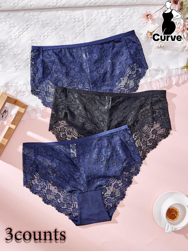 Plus Size Contrast Lace Knicker, Women's Elegant Comfy Breathable Panty Set, Fashion Ladies' Underwear for All Seasons