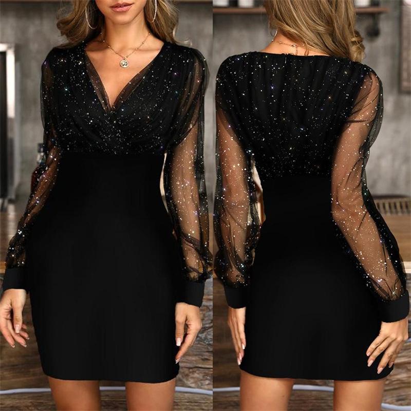 Women's Sexy V-neck Mesh Sequined Long Sleeve Dresses, Elegant Party, Club, Evening, Plus Size Women's Stars Formal Womenswear