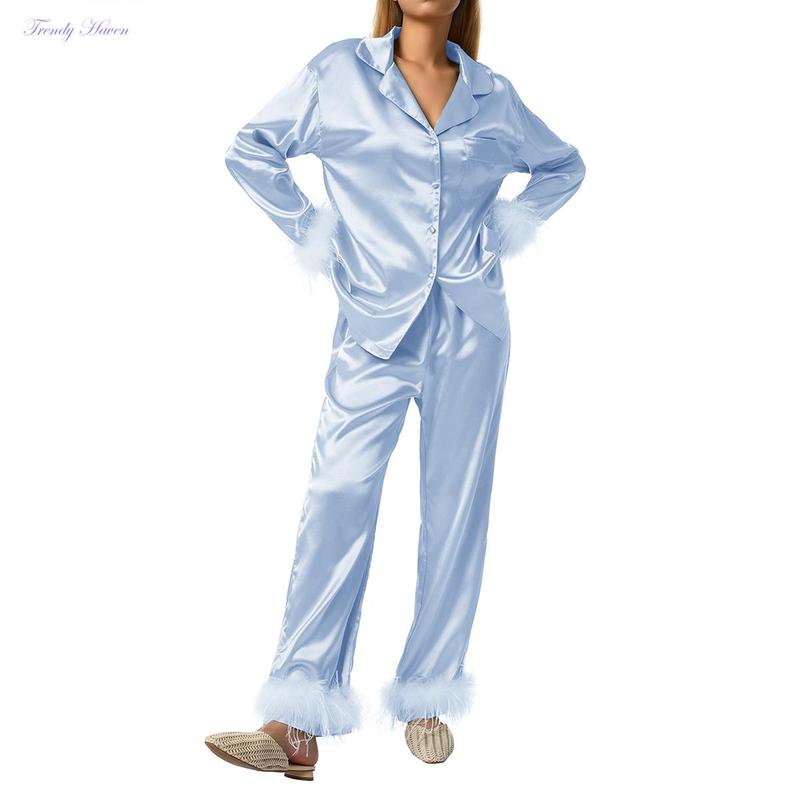 Women's Sleepwear, Feather Decoration Long Sleeve Button-Down Lapel Collar Tops + Pants Pajamas Set Loungewear Womenswear