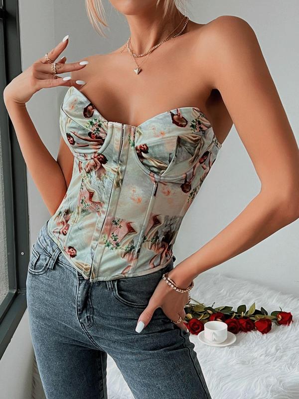 Womenswear Figure Print Backless Corset Tube Top, Back To School Summer Clothes Women, Comfort Street Fashionable 2000s Y2k Strapless Top for Daily Outdoor Wear, Lady Tank Tops for Women, Women Top Clothing for Summer