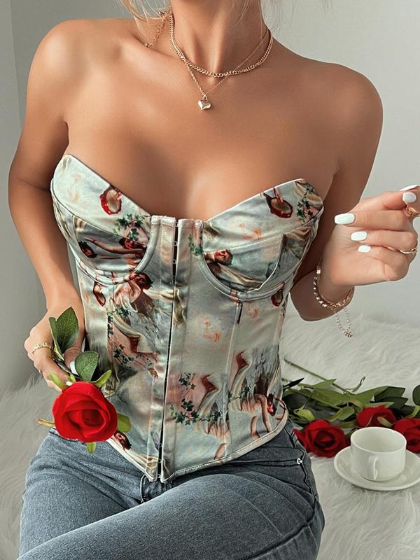 Womenswear Figure Print Backless Corset Tube Top, Back To School Summer Clothes Women, Comfort Street Fashionable 2000s Y2k Strapless Top for Daily Outdoor Wear, Lady Tank Tops for Women, Women Top Clothing for Summer