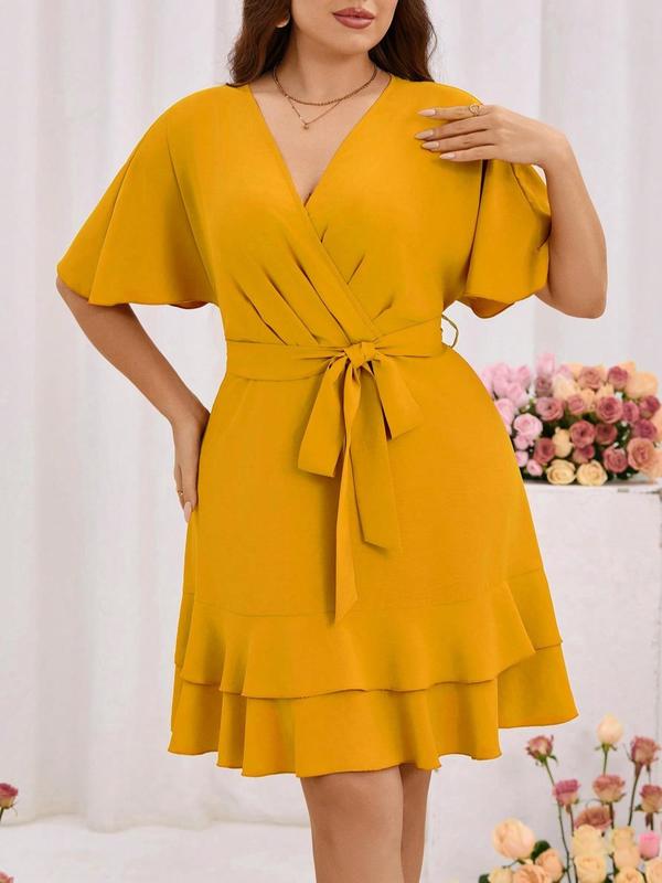  Plain Belted Wrap Ruffle Trim Dress, Elegant Butterfly Sleeve V Neck A Line Dress for Party Wedding Guest, Women's Clothing for Summer