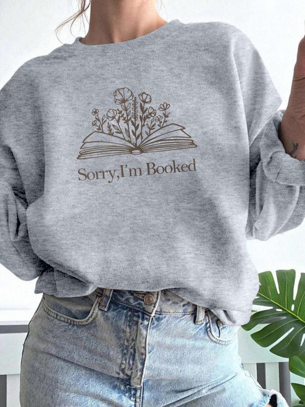 Women's Book & Letter Print Crew Neck Sweatshirt, Casual Long Sleeve Pullover for Fall & Winter, Women's Clothes for Daily Wear