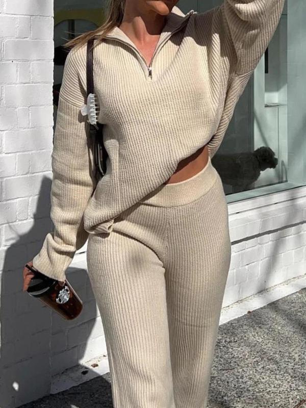 Women's Solid Drop Shoulder Half Zip Sweater & Elastic Waist Pants Ribbed Two-piece Set, Casual Fashion Cozy Two Piece Outfits for Daily Outdoor Wear,  Pants Suit Sets for Women, Women Clothes for Fall & Winter