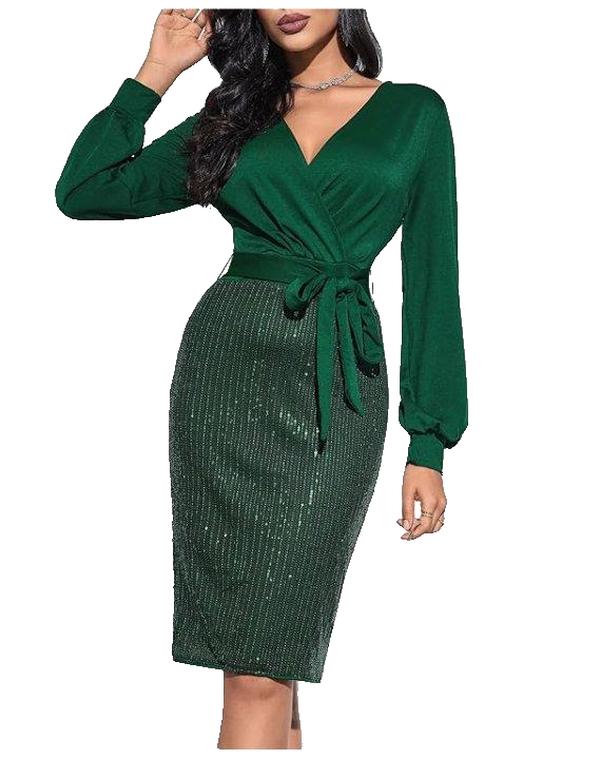 GRACE KARIN Women Sequin Party Dress Long Sleeve V-Neck Defined Waist Bodycon Dress party 2piece dress green dress fringe dress long sleeve flounce dress glittersequin dress