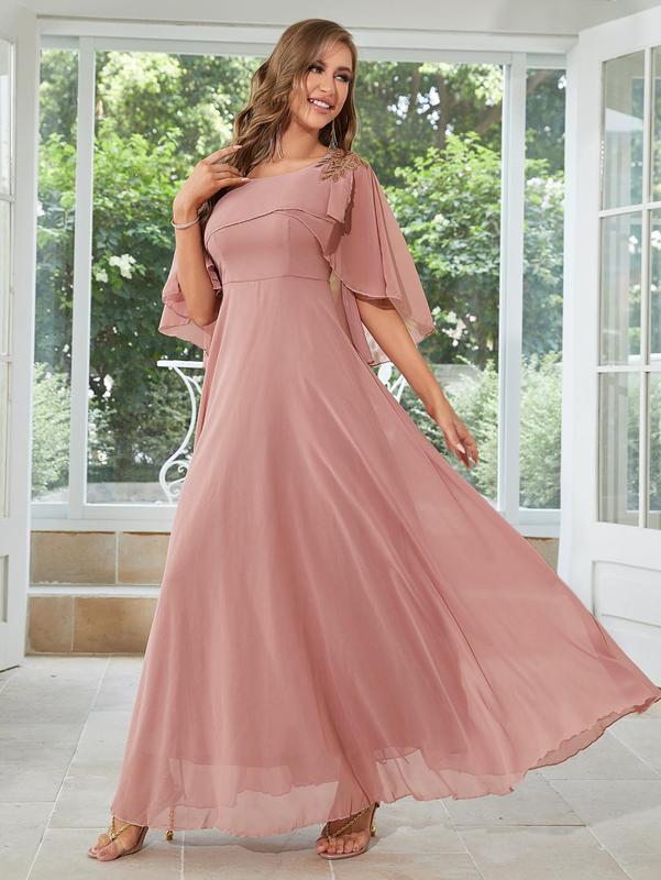 Women's Plain Cloak Sleeve Chiffon Evening Vintage Dress, Summer Clothes Women, Elegant Round Neck Half Sleeve Dress for Wedding Guest, Ladies Summer Clothes