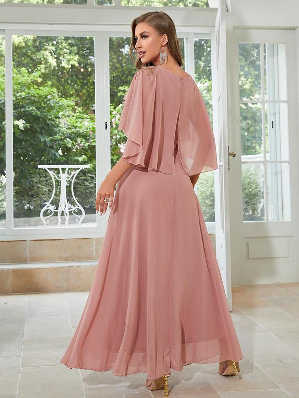 Women's Plain Cloak Sleeve Chiffon Evening Vintage Dress, Summer Clothes Women, Elegant Round Neck Half Sleeve Dress for Wedding Guest, Ladies Summer Clothes