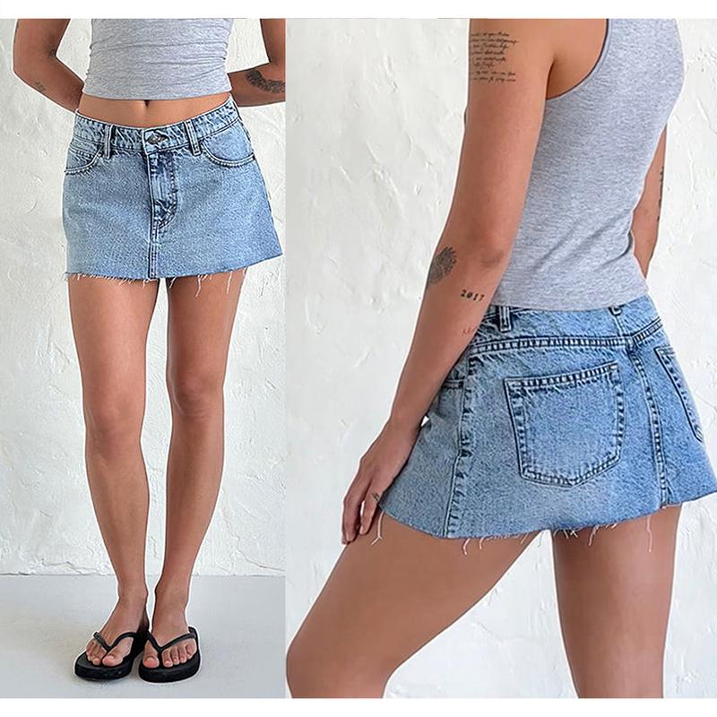 Women's Denim Mini Skirts Low Waist Raw Hem Casual Fashion Jean Skirts for Summer