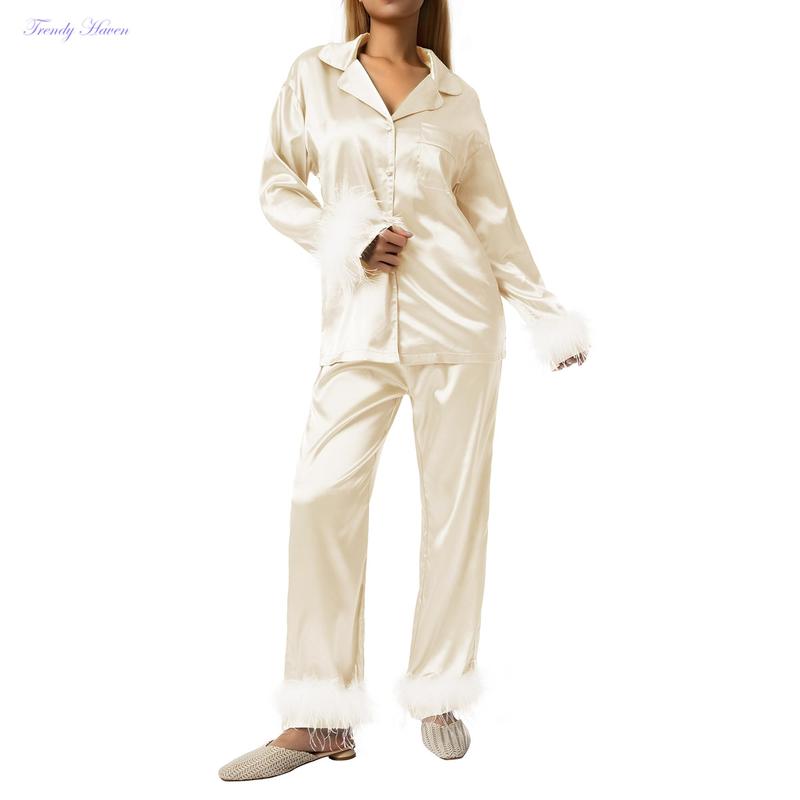 Women's Sleepwear, Feather Decoration Long Sleeve Button-Down Lapel Collar Tops + Pants Pajamas Set Loungewear Womenswear