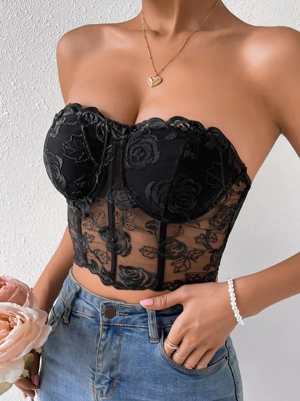 Women's Floral Graphic Contrast Lace Crop Tube Top, Casual Fashion Sheer Sleeveless Strapless Top for Daily Wear, Ladies Clothes for All Seasons